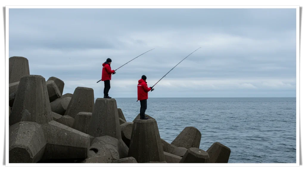 바다낚시 입문: 바다낚시 초보자가 기본적으로 알아야 할 내용들 8 두남자가-테트라포트에서-낚시하는-광경