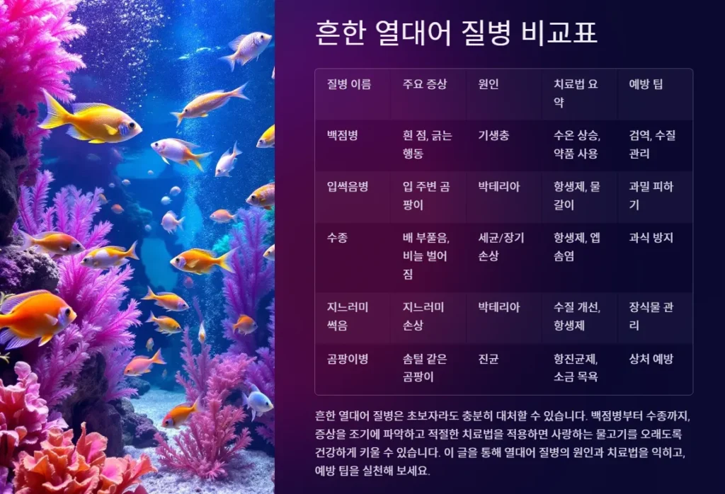 흔한 열대어 질병과 치료법: 건강한 수족관을 위한 필수 가이드 8 열대어-질병-비교표