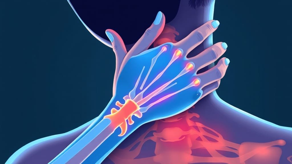 손 저림 원인부터 예방까지: 목디스크, 손목터널증후군 자가진단 & 완화법 2 목디스크 vs 손목터널증후군 (illustration 스타일)