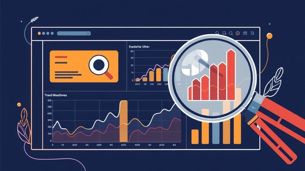 서치콘솔 활용 A to Z: 노출 감소 원인 분석부터 SEO 최적화까지 2 주요 지표 확인 및 트렌드 모니터링 (illustration 스타일)