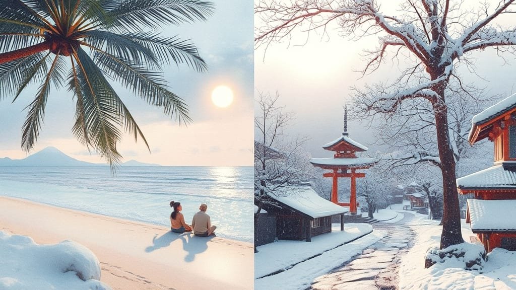 가성비 겨울 해외여행 완전정복: 추천 여행지, 꿀팁, 준비물 A to Z 2 동남아 vs 일본, 어디로 갈까? (watercolor 스타일)