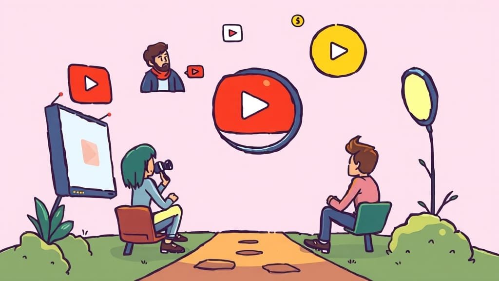 해외 유튜브 채널 인수, 신중하게 결정 (cartoon 스타일)