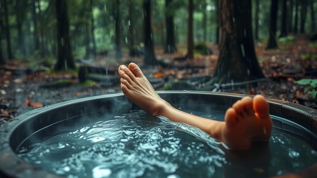 통영 비오는 날 완벽 여행: 실내 명소 & 맛집 탐방, 만지도 트레킹! 3 나폴리농원: 편백숲 힐링 족욕 체험 🌲 (realistic 스타일)