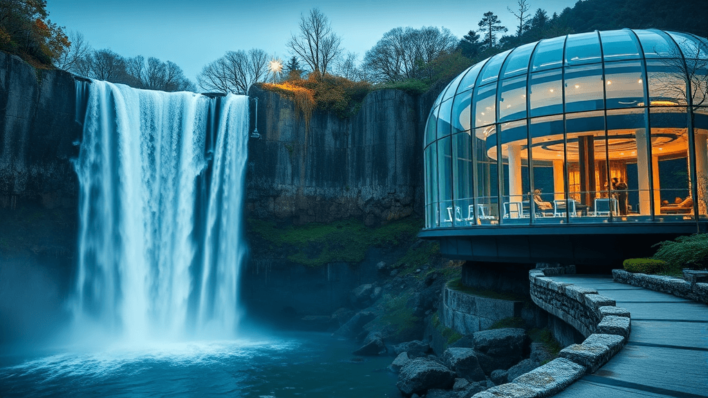 용추폭포와 유리전망대 (realistic 스타일)