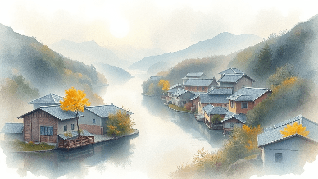 하회마을, 주변 관광지와 함께 (watercolor 스타일)