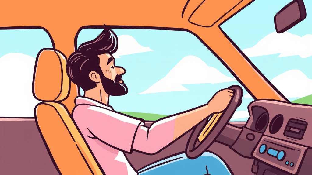 20분 환기, 졸음운전 방지 팁 (cartoon 스타일)
