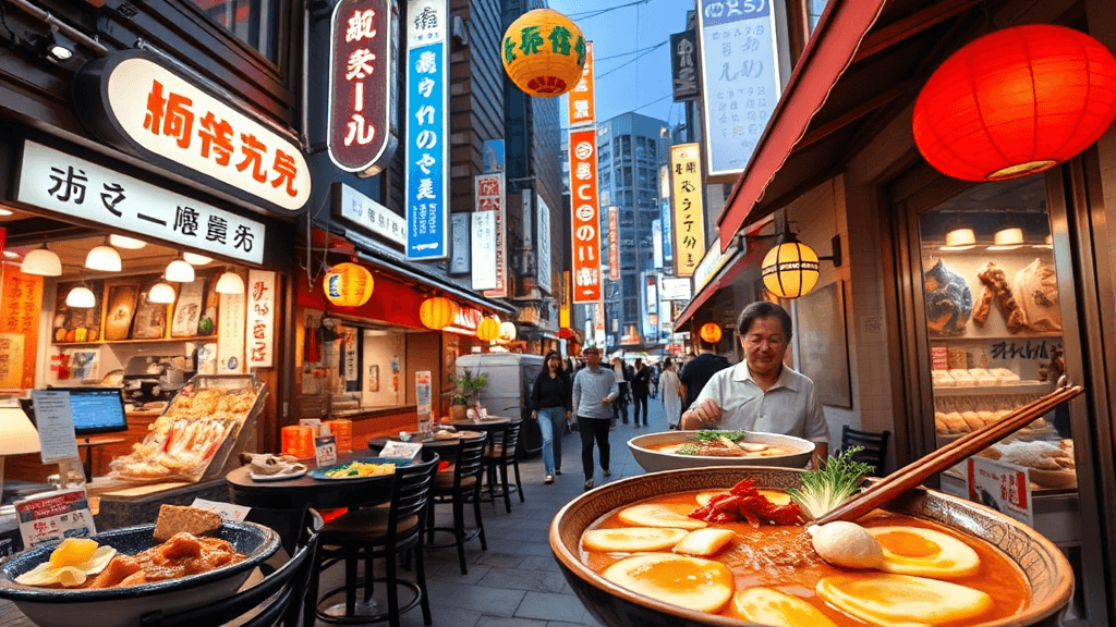 신사이바시 맛집 탐방: 지역별 맛집 소개 (realistic 스타일)