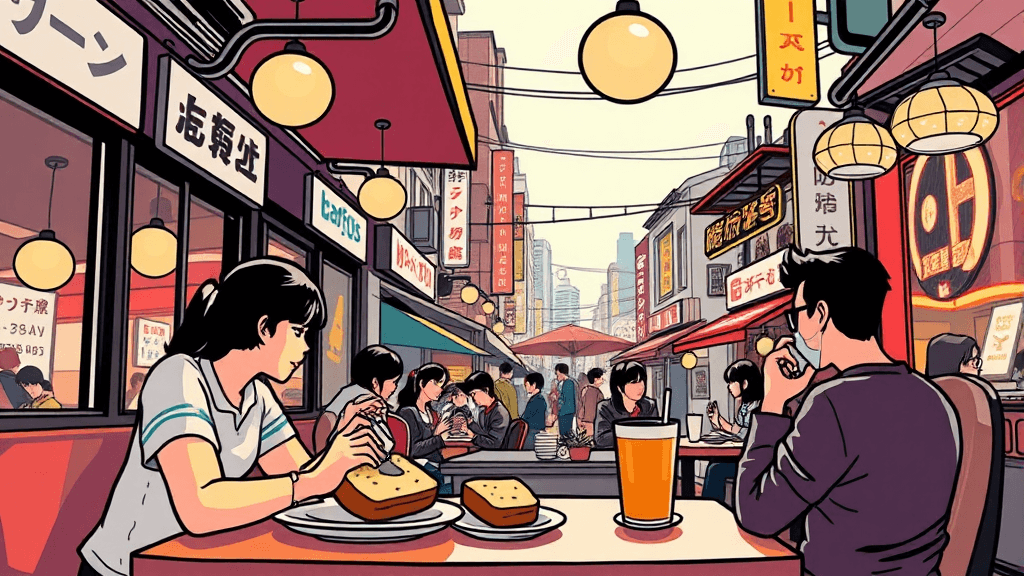 신사이바시 카페 추천: 분위기 좋은 카페 (cartoon 스타일)